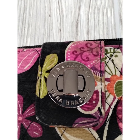 Vera Bradley wallet/purse, black/Pink floral cloth print Clasp Front Zipper - Picture 2 of 5